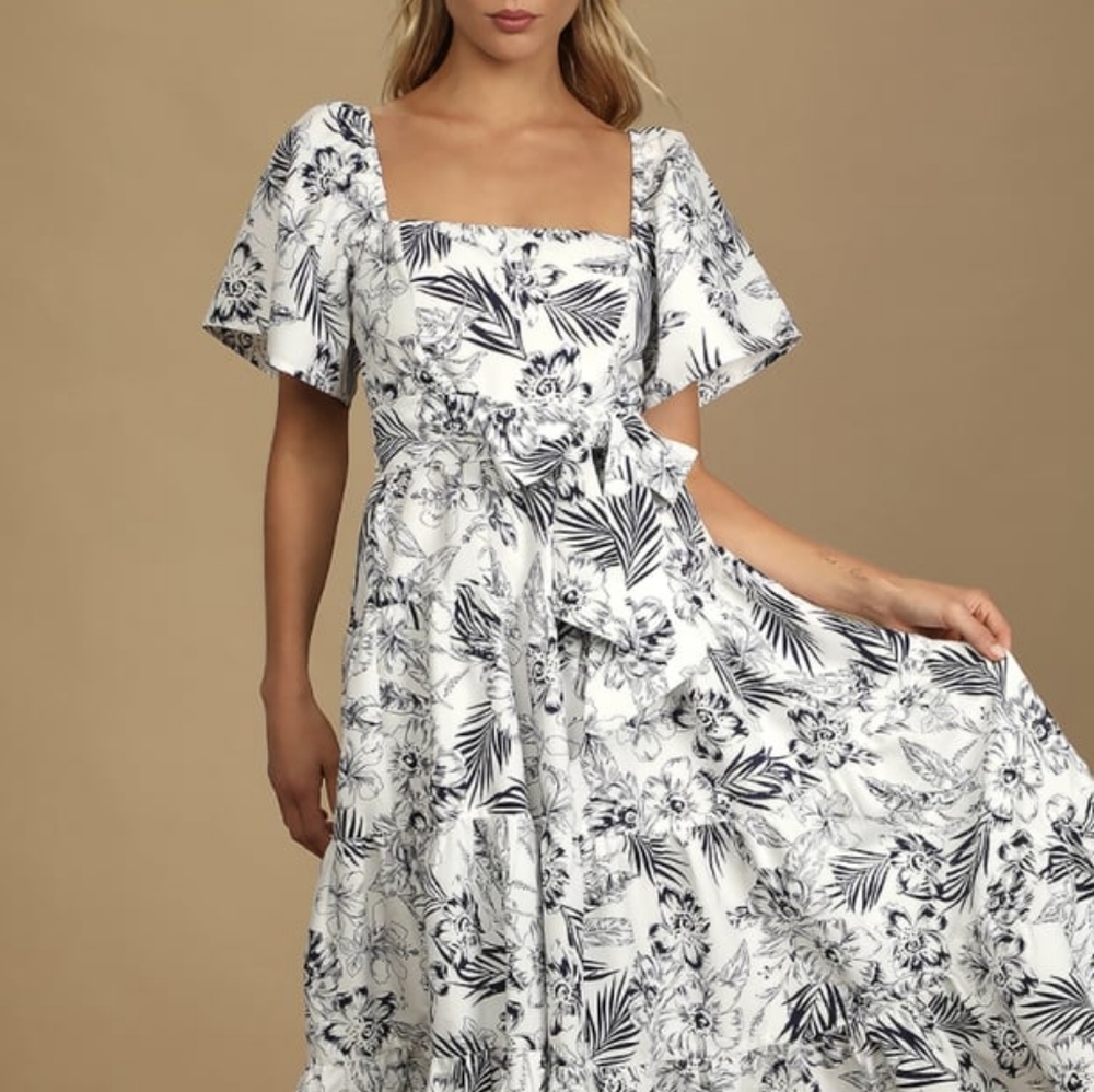 Lulu's Tropical Sunshine White Floral Print Tiered Midi Dress 💟